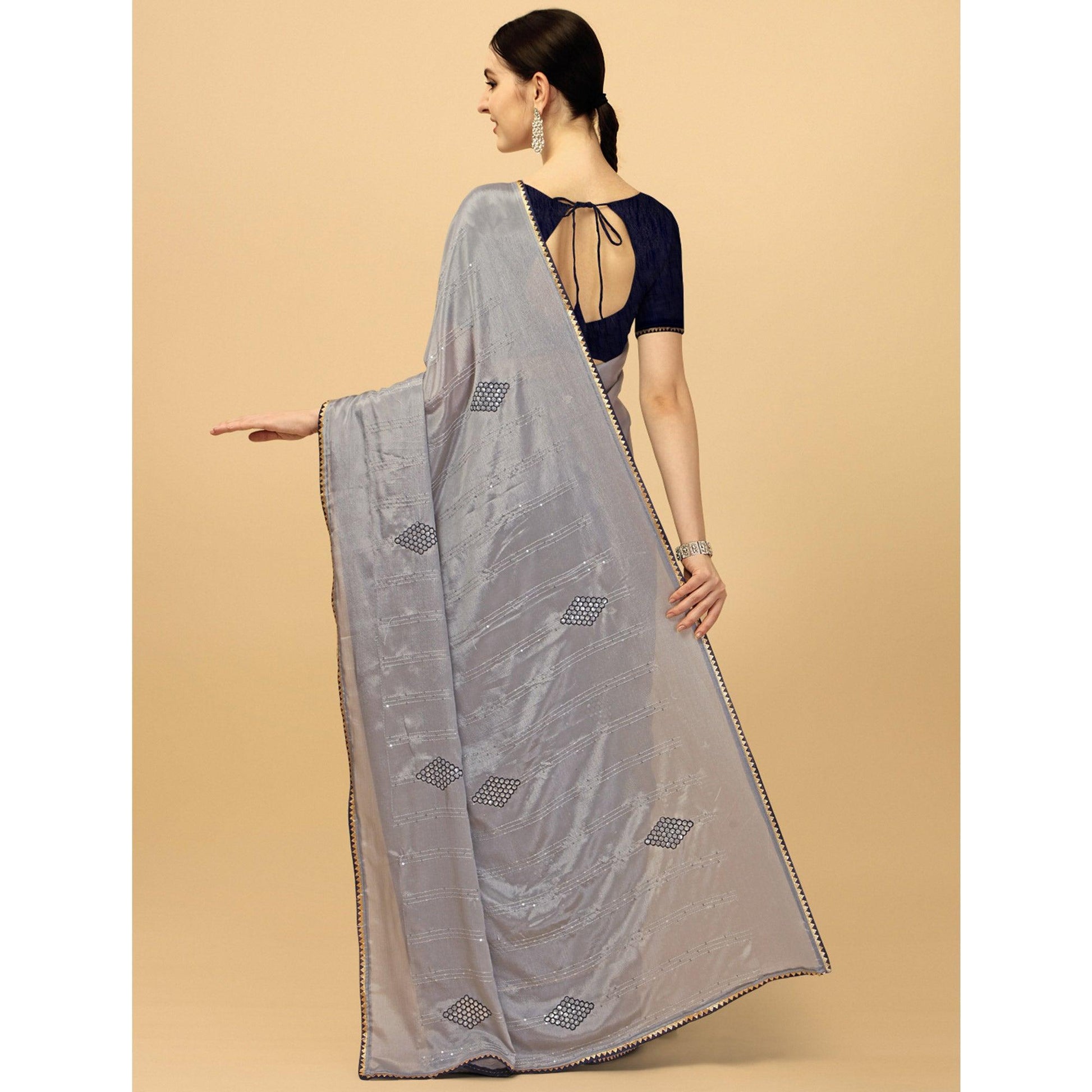 Grey Sequins Embroidered Chiffon Saree