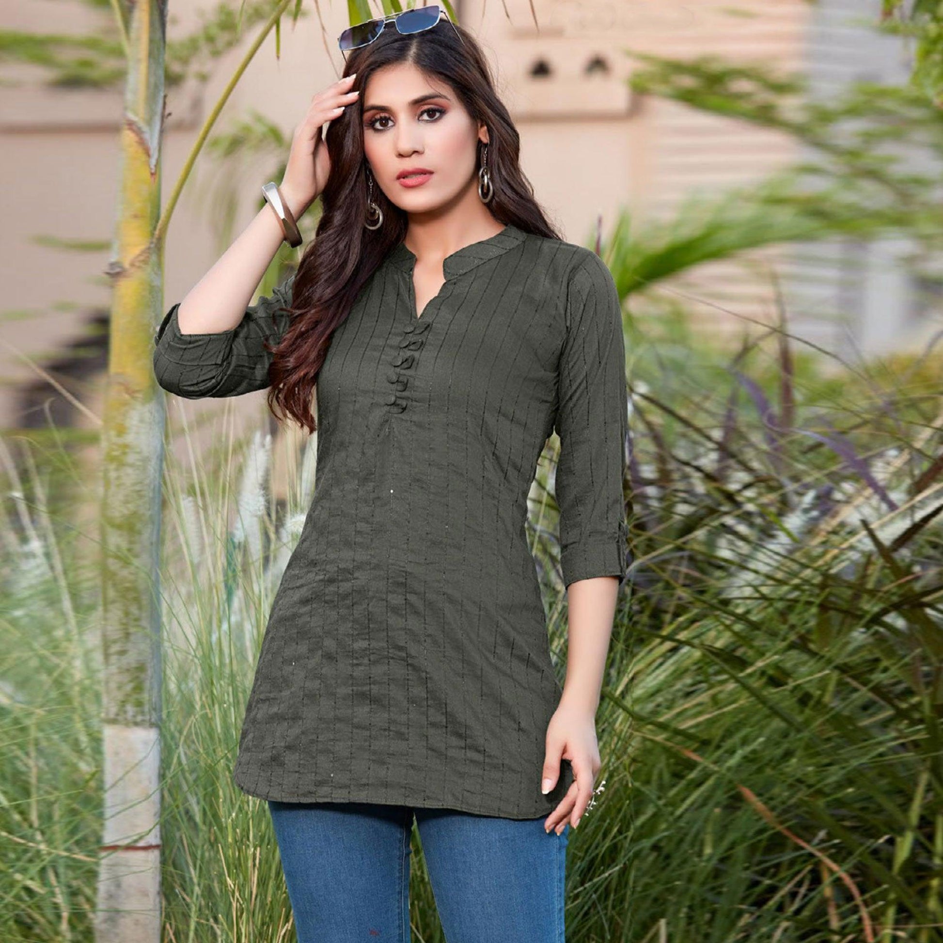Grey Sequins Embroidered Cotton Silk Top