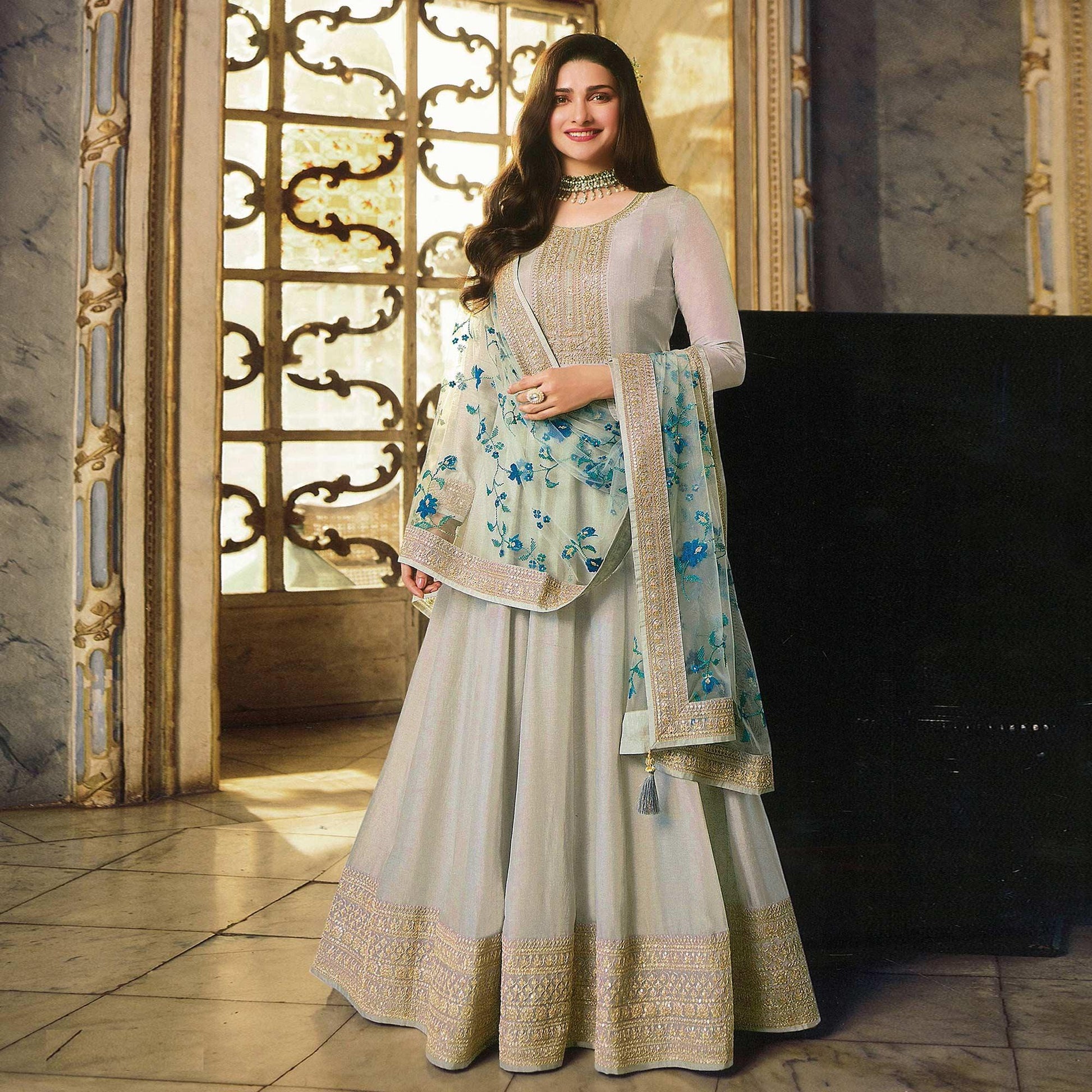 Grey Sequins Embroidered Dola Silk Anarkali Style Gown