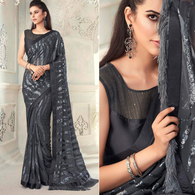 Grey Sequins Embroidered Georgette Saree With Tassels