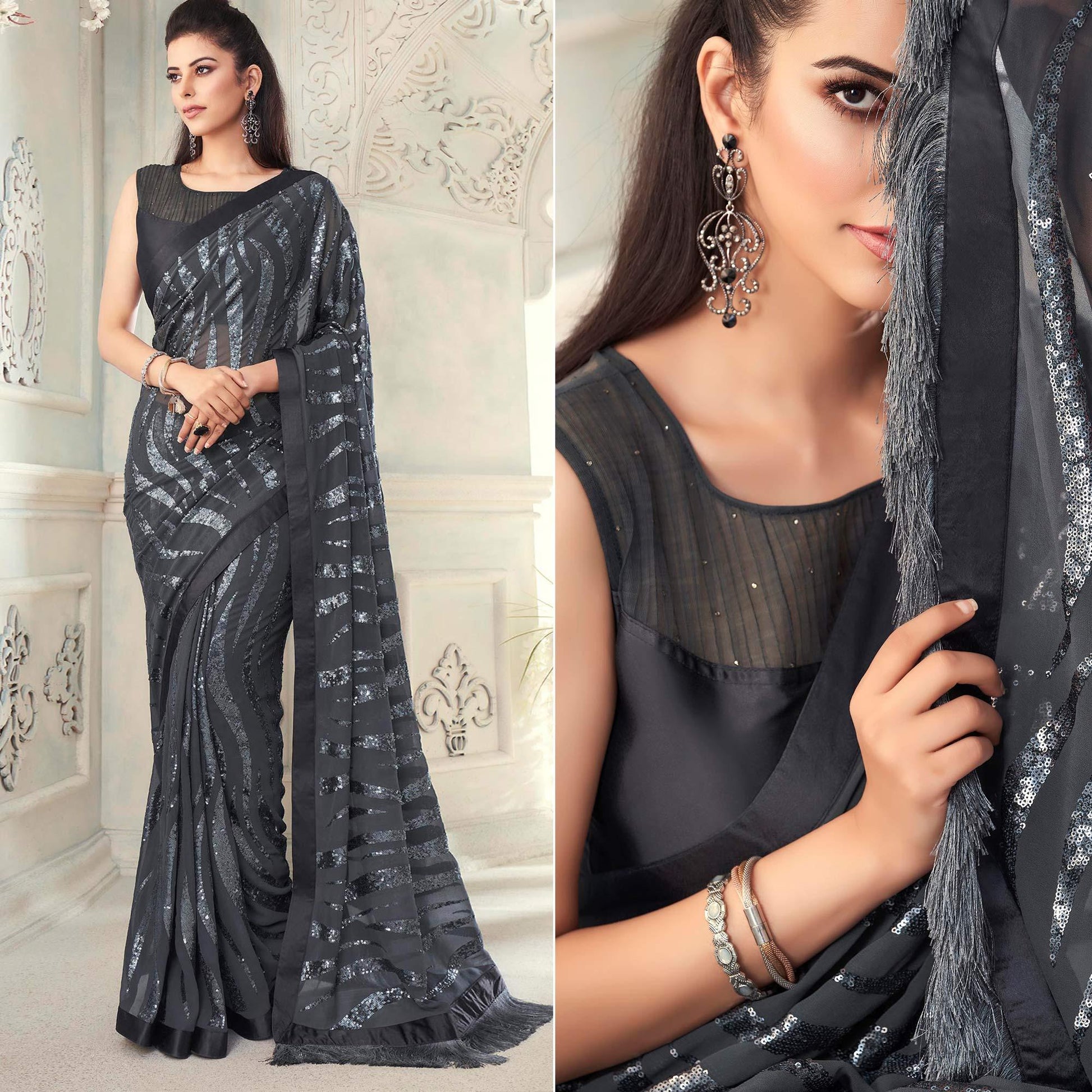 Grey Sequins Embroidered Georgette Saree With Tassels