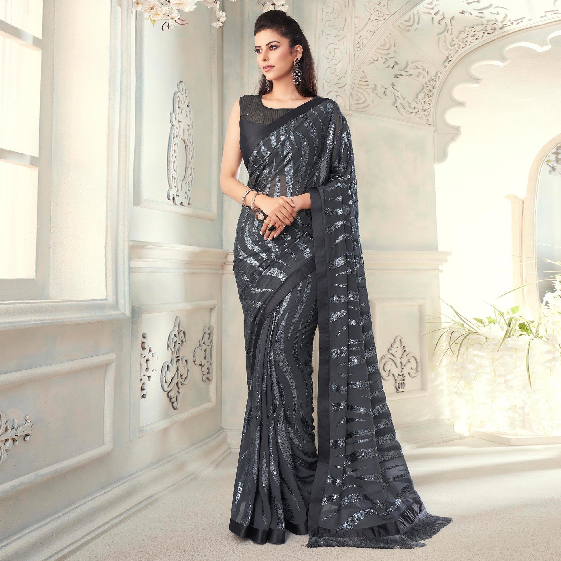 Grey Sequins Embroidered Georgette Saree With Tassels