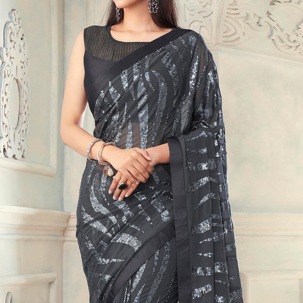 Grey Sequins Embroidered Georgette Saree With Tassels