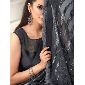 Grey Sequins Embroidered Georgette Saree With Tassels
