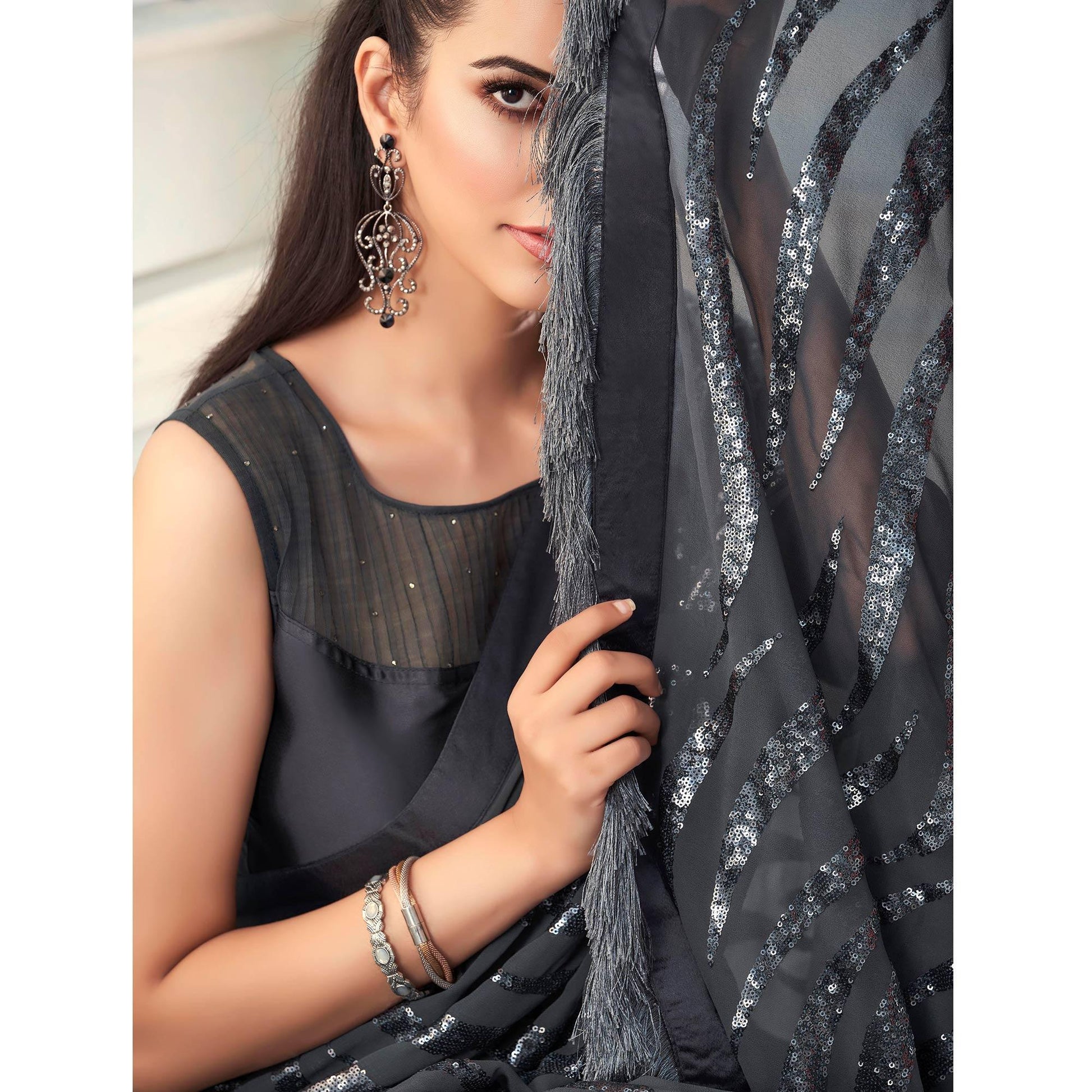 Grey Sequins Embroidered Georgette Saree With Tassels