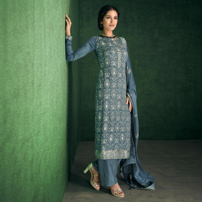 Grey Sequins Embroidered Handwork Chiffon Partywear Suit