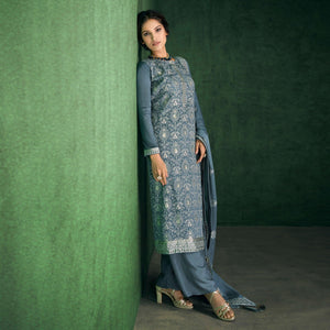 Grey Sequins Embroidered Handwork Chiffon Partywear Suit
