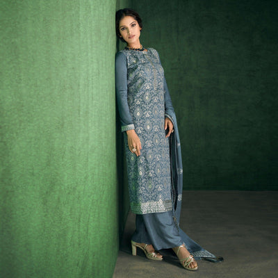 Grey Sequins Embroidered Handwork Chiffon Partywear Suit