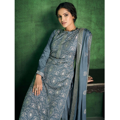 Grey Sequins Embroidered Handwork Chiffon Partywear Suit