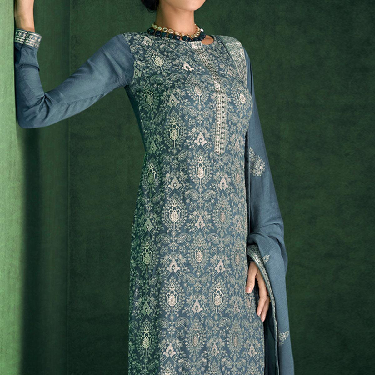 Grey Sequins Embroidered Handwork Chiffon Partywear Suit
