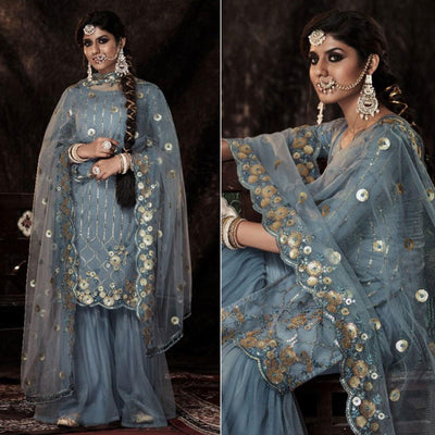 Grey Sequins Embroidered Netted Palazzo Suit