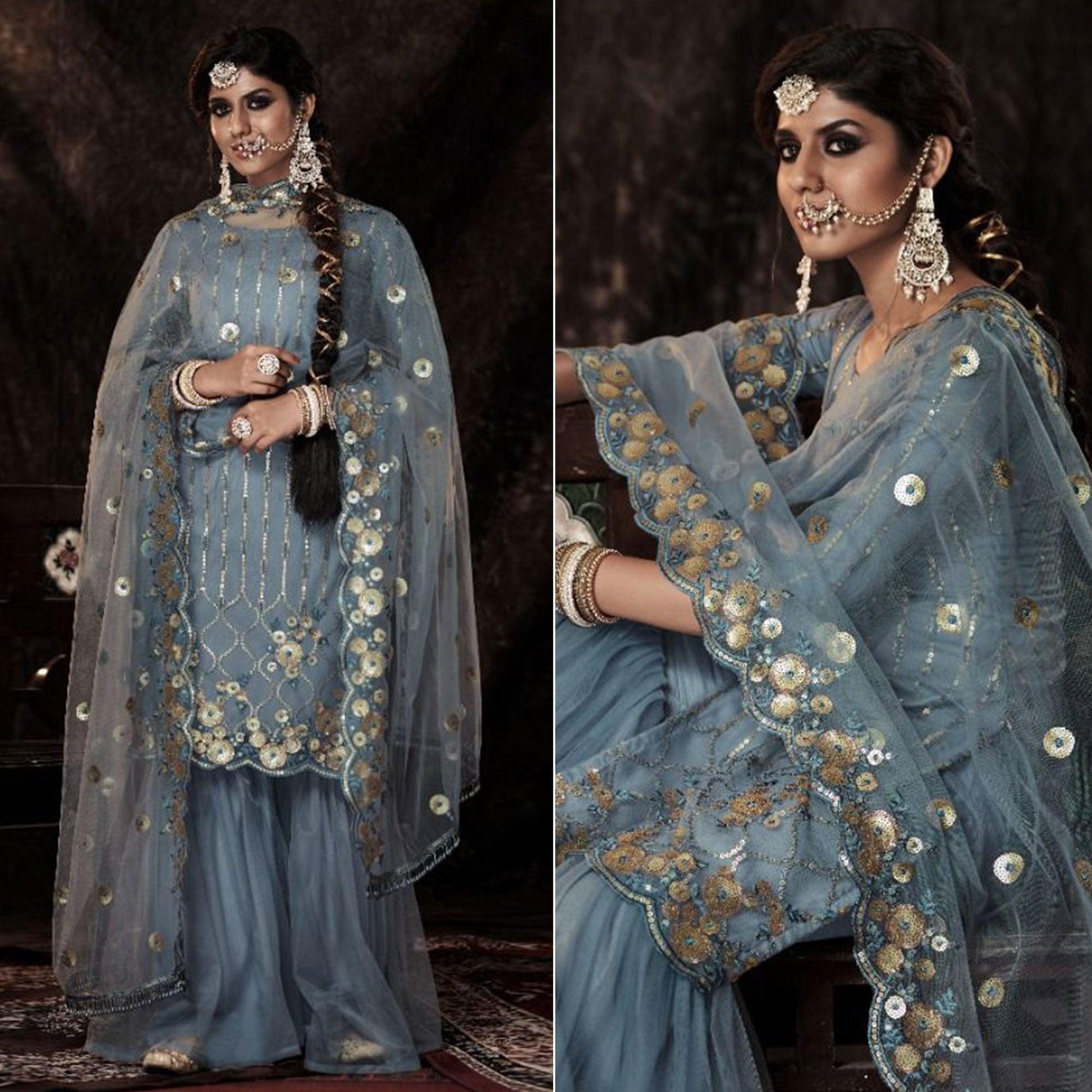 Grey Sequins Embroidered Netted Palazzo Suit
