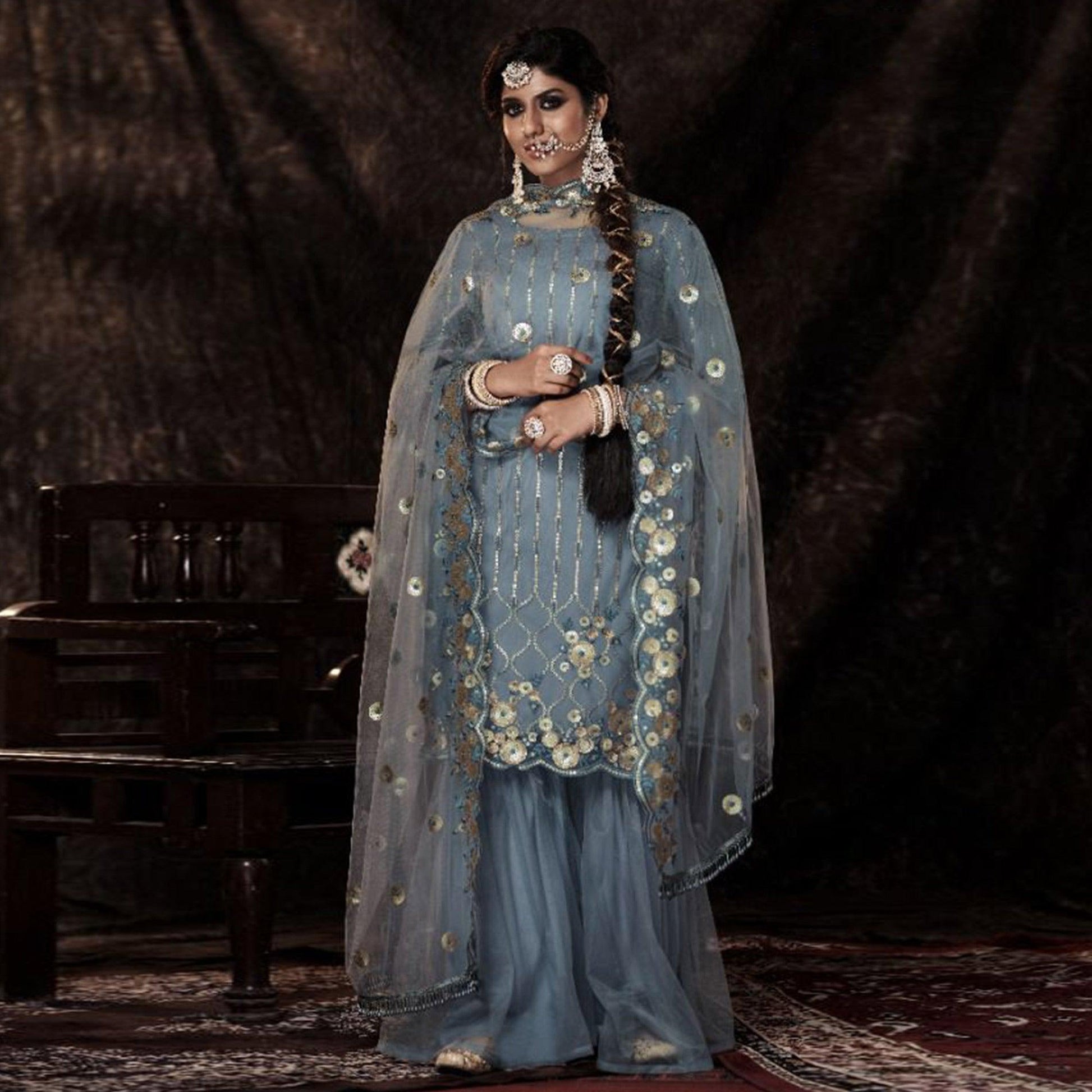 Grey Sequins Embroidered Netted Palazzo Suit