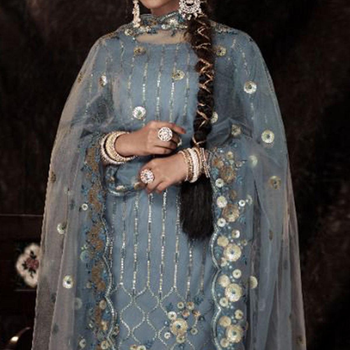 Grey Sequins Embroidered Netted Palazzo Suit