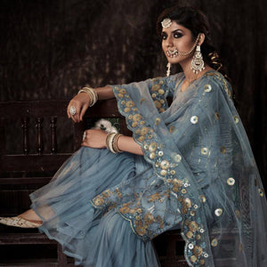 Grey Sequins Embroidered Netted Palazzo Suit