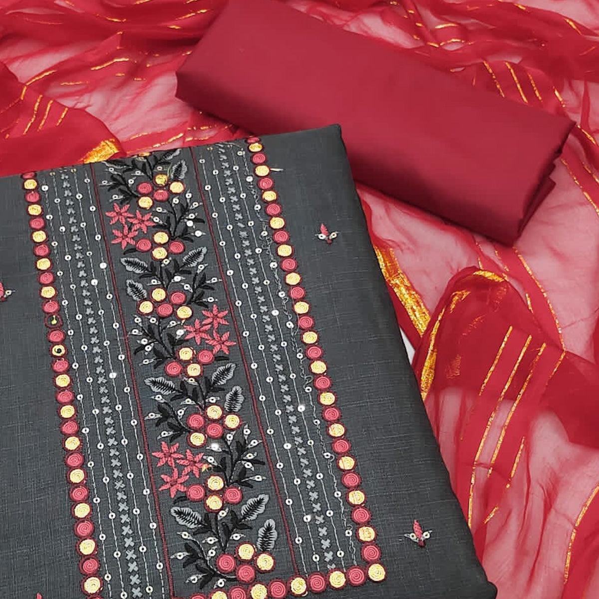 Grey Sequins Embroidered Cotton Blend Dress Material