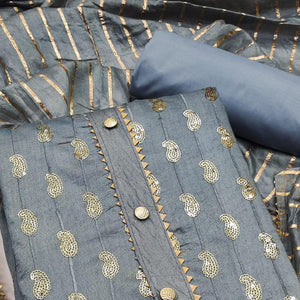 Grey Sequins Embroidered Pure Cotton Dress Material
