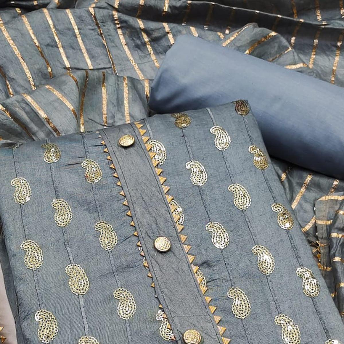 Grey Sequins Embroidered Pure Cotton Dress Material