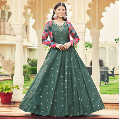 Duck Green Sequins Embroidered Pure Cotton Gown With Koti