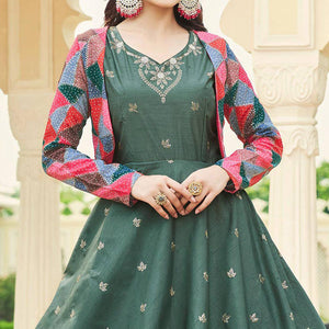 Duck Green Sequins Embroidered Pure Cotton Gown With Koti