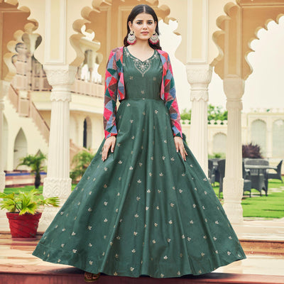 Duck Green Sequins Embroidered Pure Cotton Gown With Koti