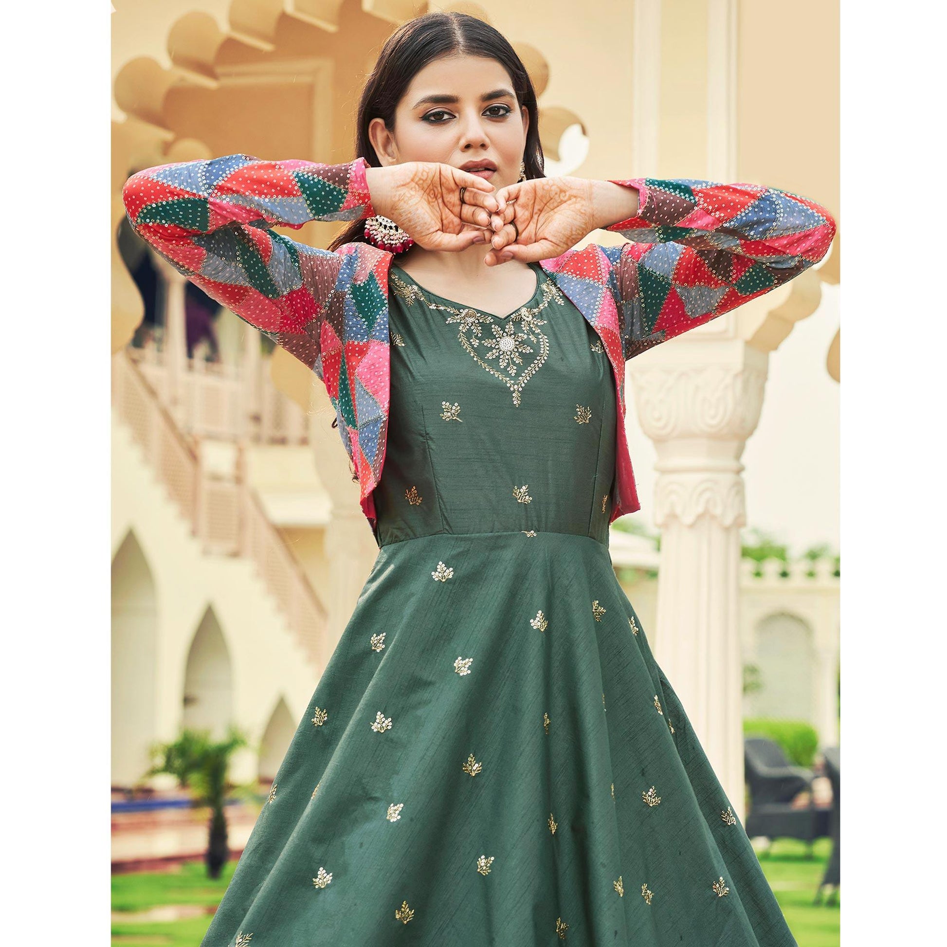 Duck Green Sequins Embroidered Pure Cotton Gown With Koti