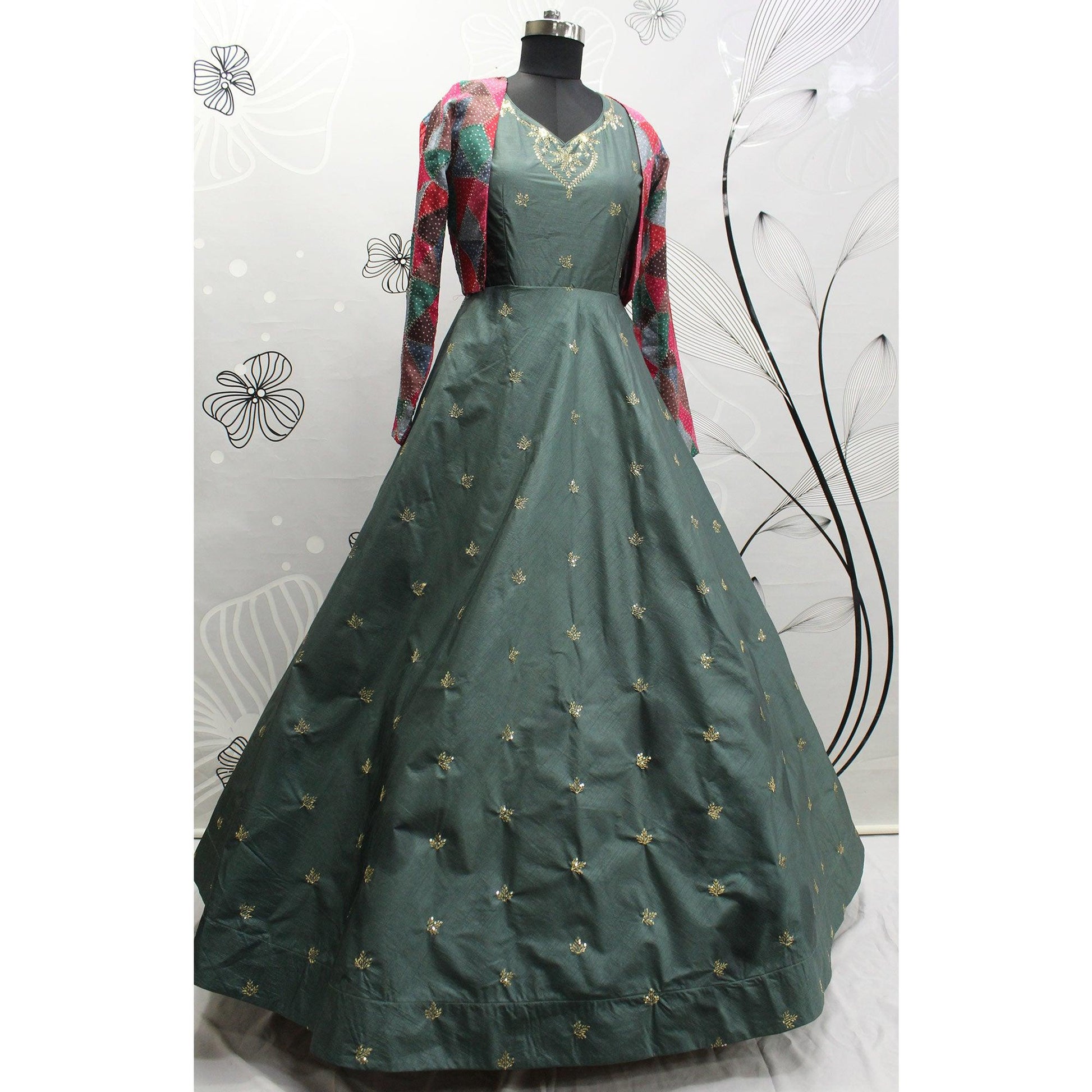 Duck Green Sequins Embroidered Pure Cotton Gown With Koti