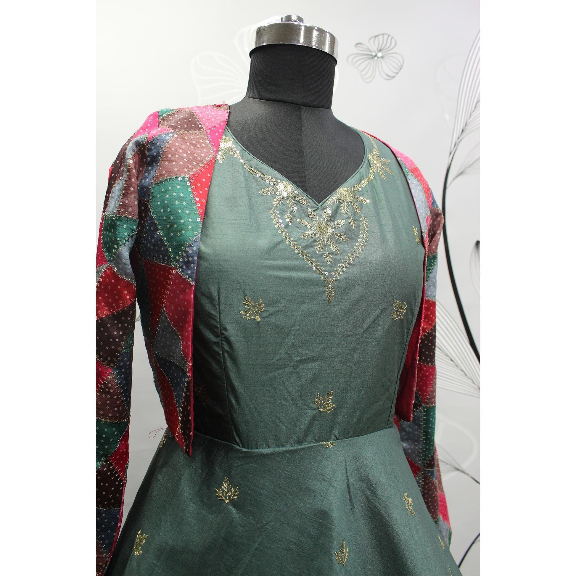 Duck Green Sequins Embroidered Pure Cotton Gown With Koti