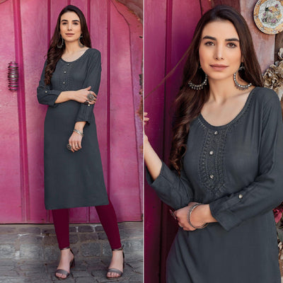 Grey Sequins Embroidered Pure Cotton Kurti