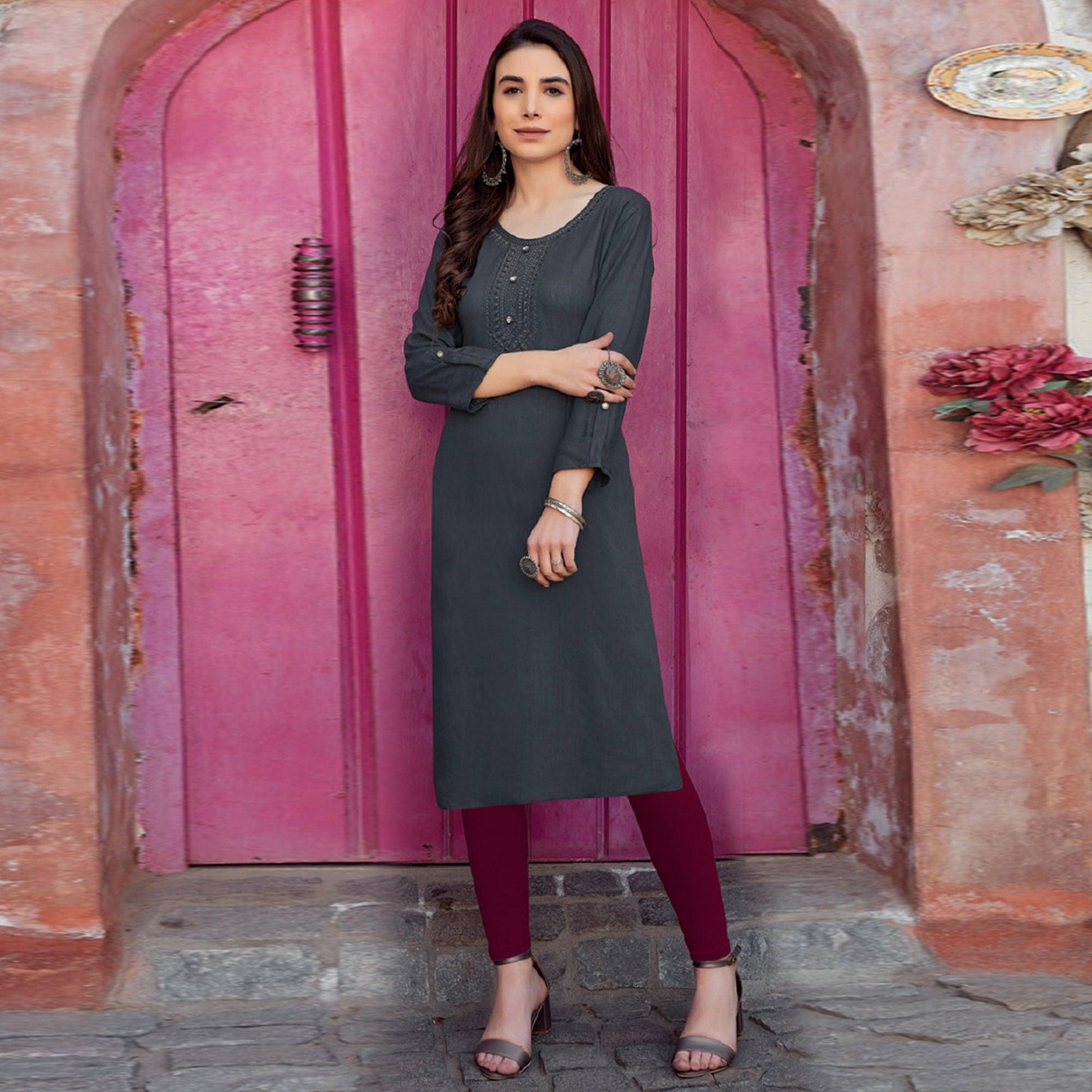 Grey Sequins Embroidered Pure Cotton Kurti