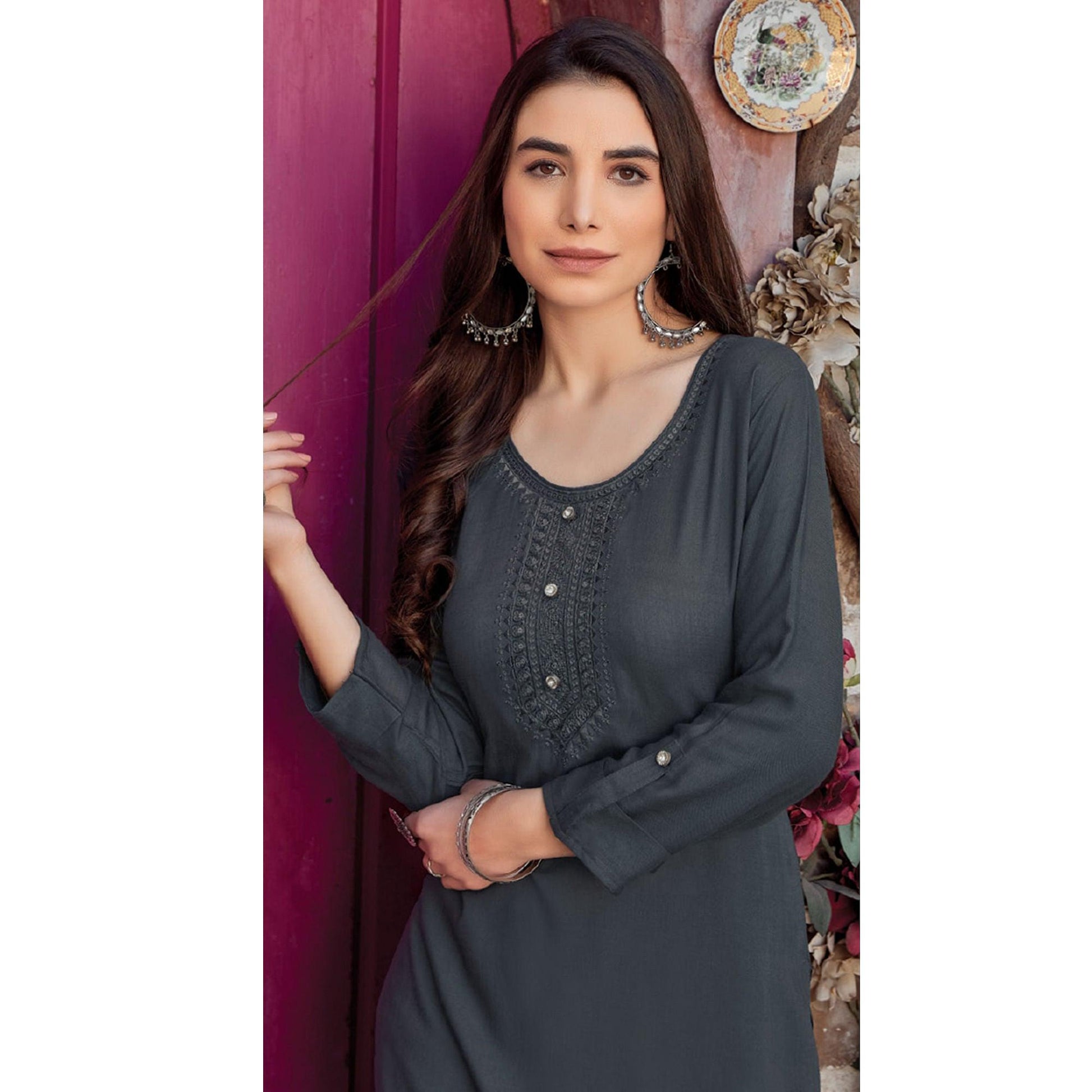 Grey Sequins Embroidered Pure Cotton Kurti