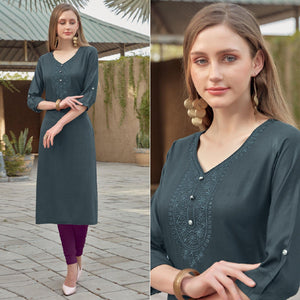 Grey Sequins Embroidered Rayon Kurti