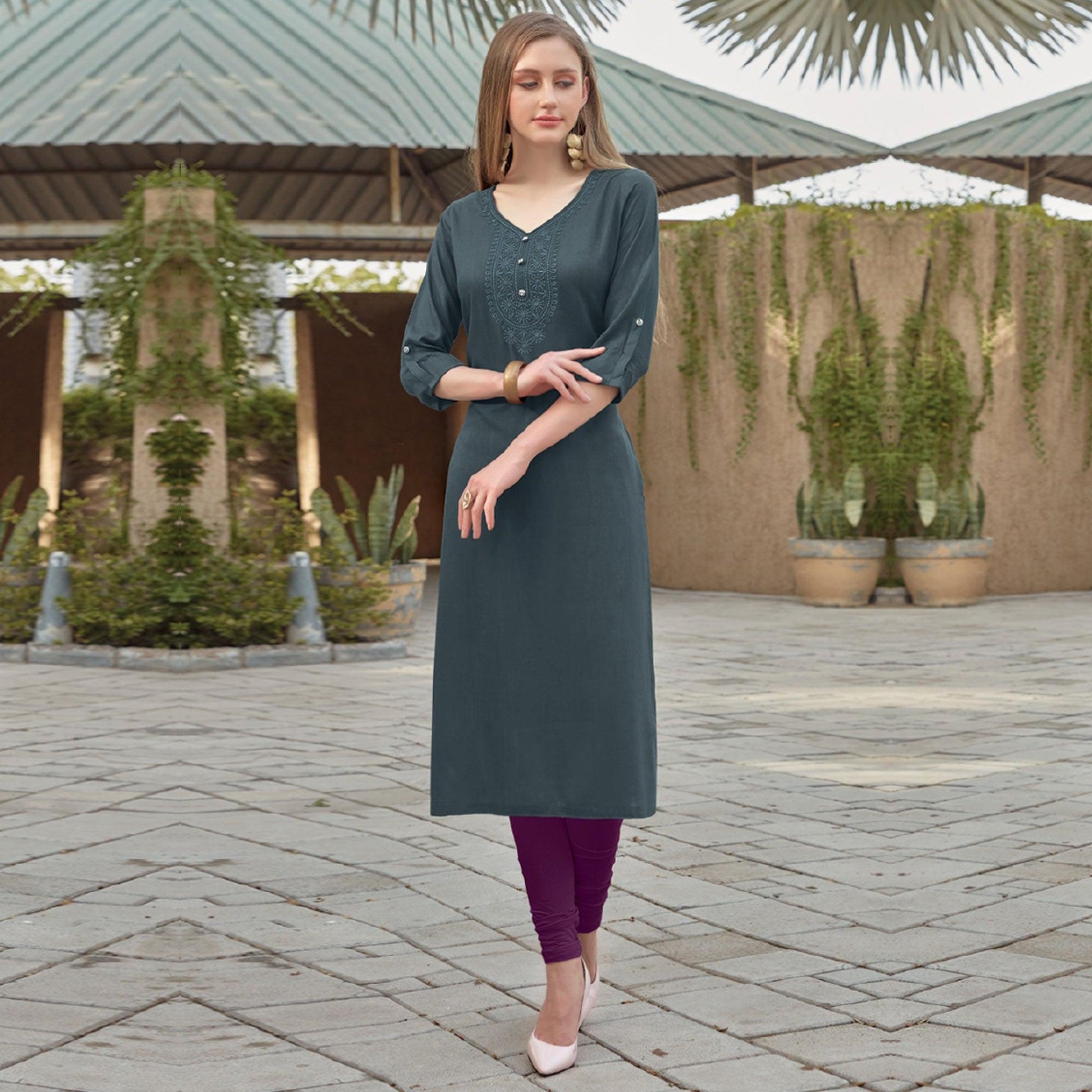 Grey Sequins Embroidered Rayon Kurti