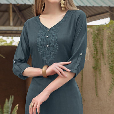Grey Sequins Embroidered Rayon Kurti