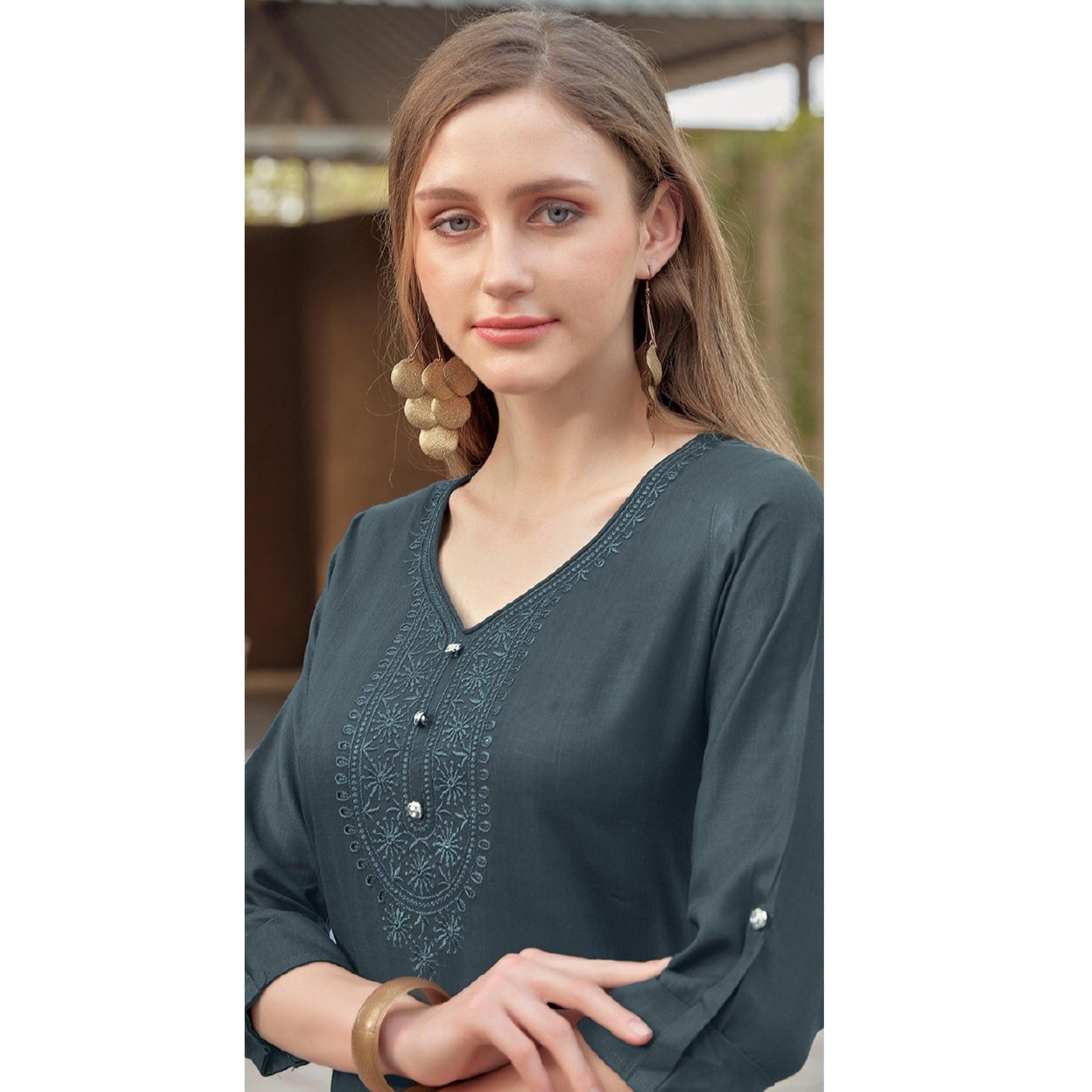 Grey Sequins Embroidered Rayon Kurti
