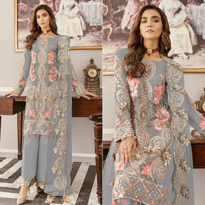 Grey Sequins Embroidered  Soft Net Partywear Pakistani Suit