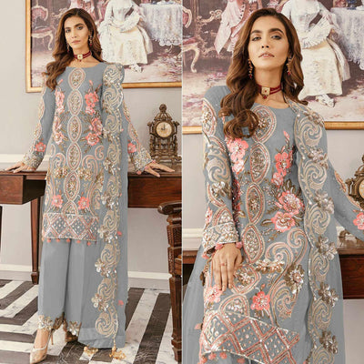 Grey Sequins Embroidered  Soft Net Partywear Pakistani Suit