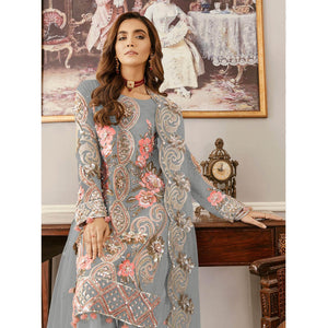 Grey Sequins Embroidered  Soft Net Partywear Pakistani Suit