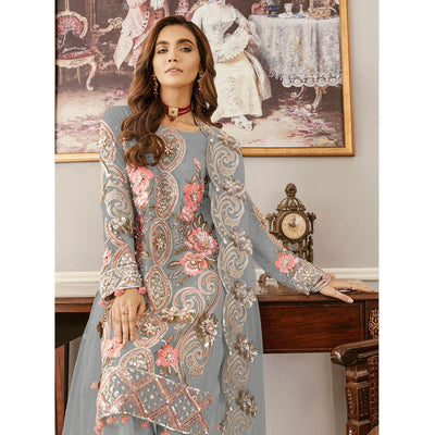 Grey Sequins Embroidered  Soft Net Partywear Pakistani Suit