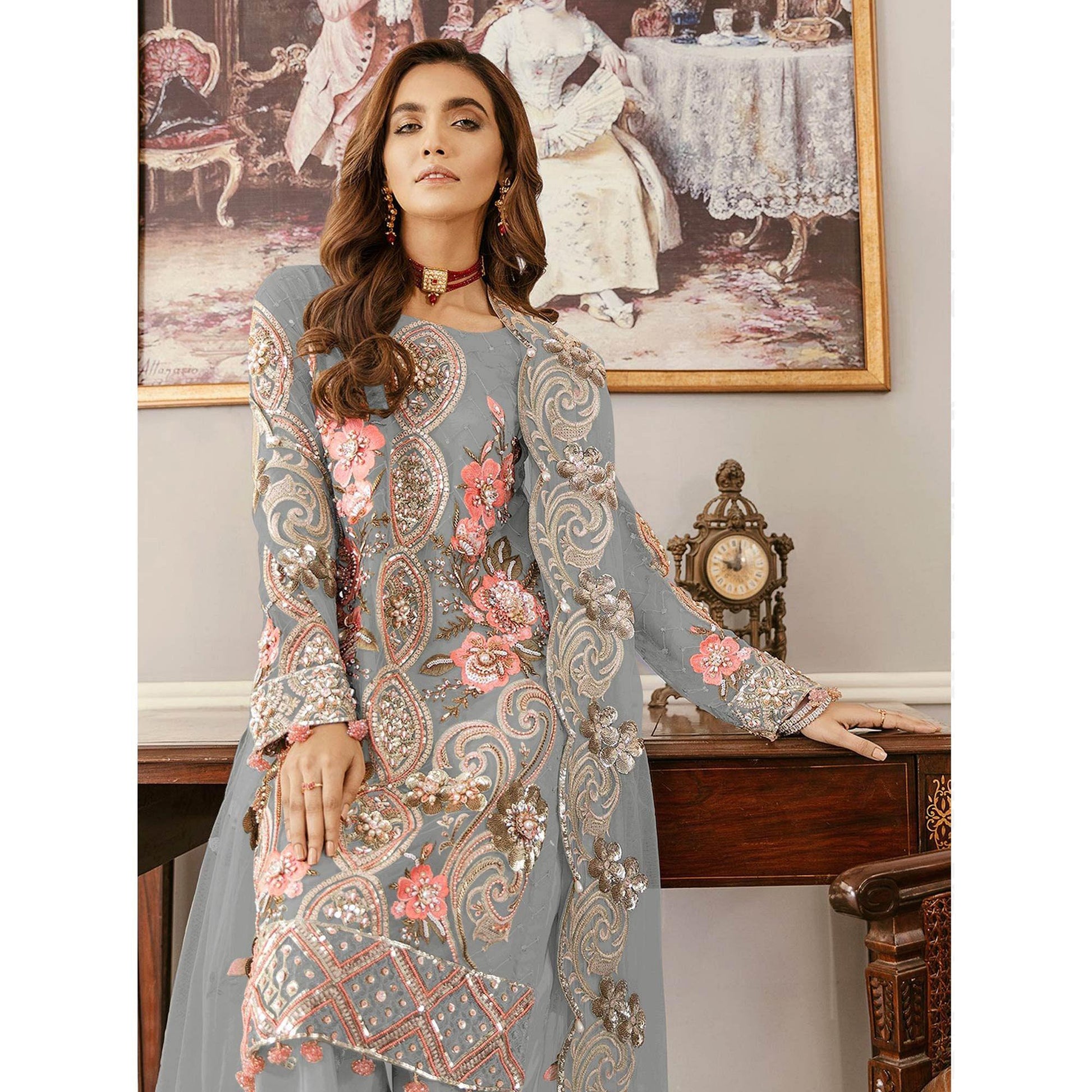 Grey Sequins Embroidered  Soft Net Partywear Pakistani Suit