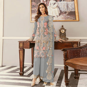 Grey Sequins Embroidered  Soft Net Partywear Pakistani Suit