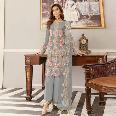 Grey Sequins Embroidered  Soft Net Partywear Pakistani Suit