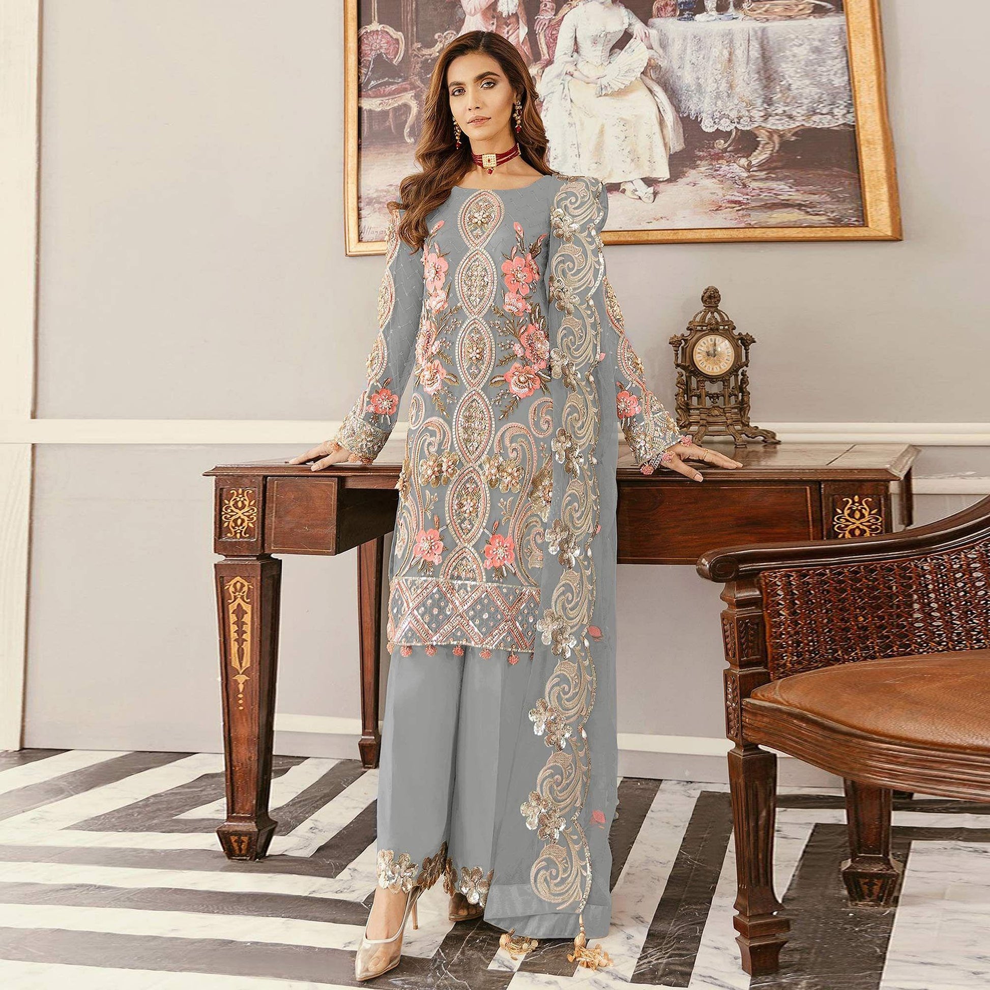 Grey Sequins Embroidered  Soft Net Partywear Pakistani Suit