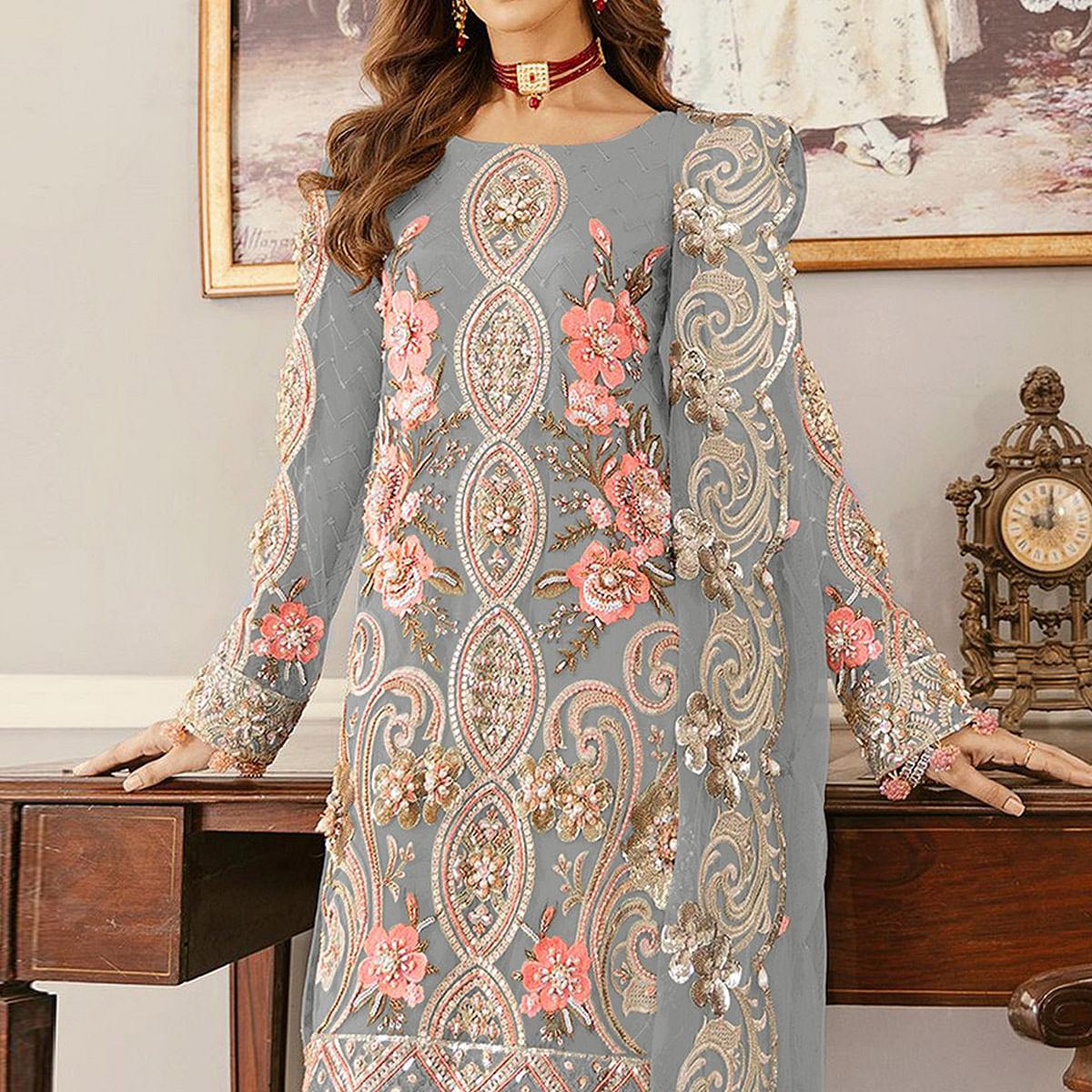 Grey Sequins Embroidered  Soft Net Partywear Pakistani Suit