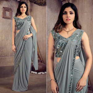 Grey Sequins Embroidered Stitched Art Silk Ready to Wear Saree