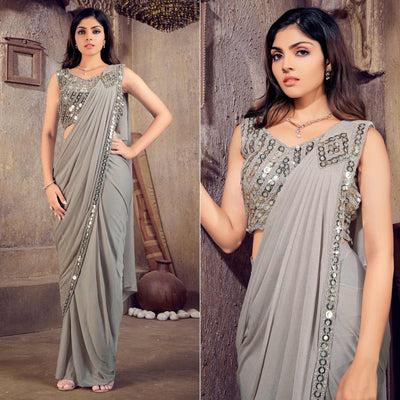 Grey Sequins Embroidered Stitched Art Silk Ready to Wear Saree