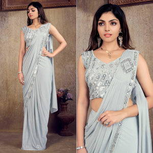 Grey Sequins Embroidered Stitched Art Silk Ready to Wear Saree