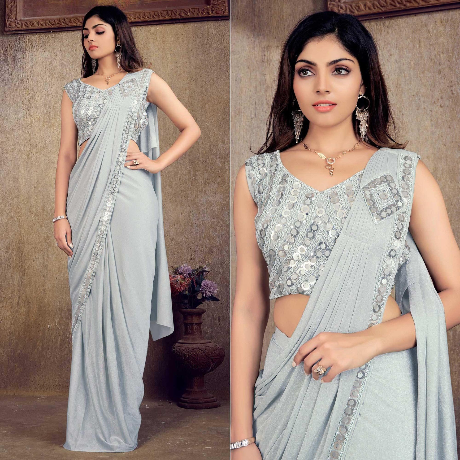 Grey Sequins Embroidered Stitched Art Silk Ready to Wear Saree