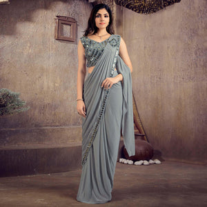Grey Sequins Embroidered Stitched Art Silk Ready to Wear Saree