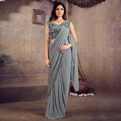 Grey Sequins Embroidered Stitched Art Silk Ready to Wear Saree